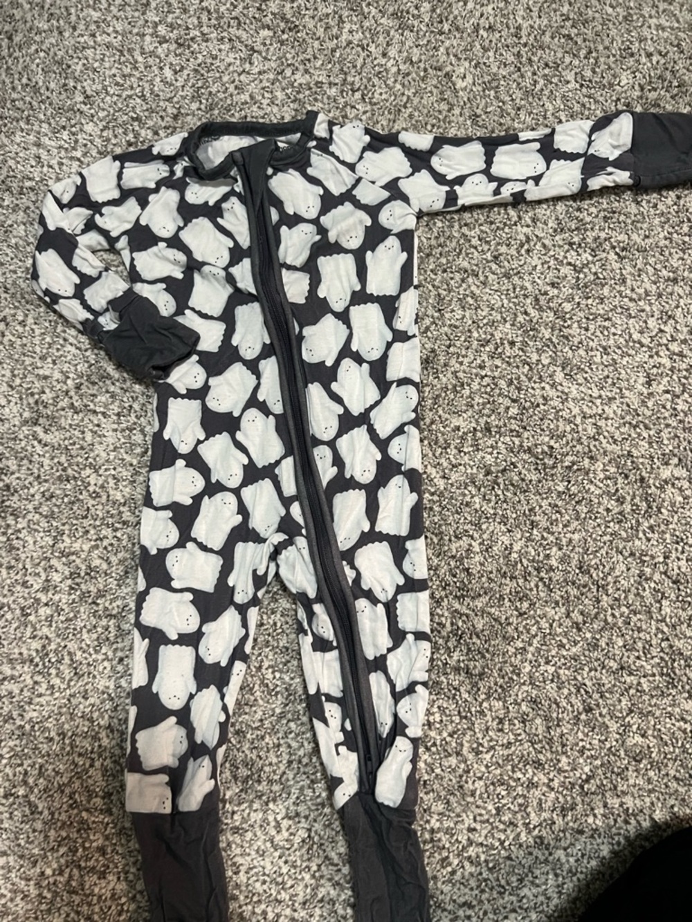 Black and White Ghost-Print Kids Footie Pajamas - Zip Front